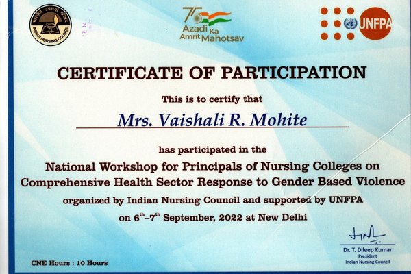 07.09.2022 Certificate of DR. Vaishali R. Mohite -Gender based Violence by INC & UNFPA on September 2022