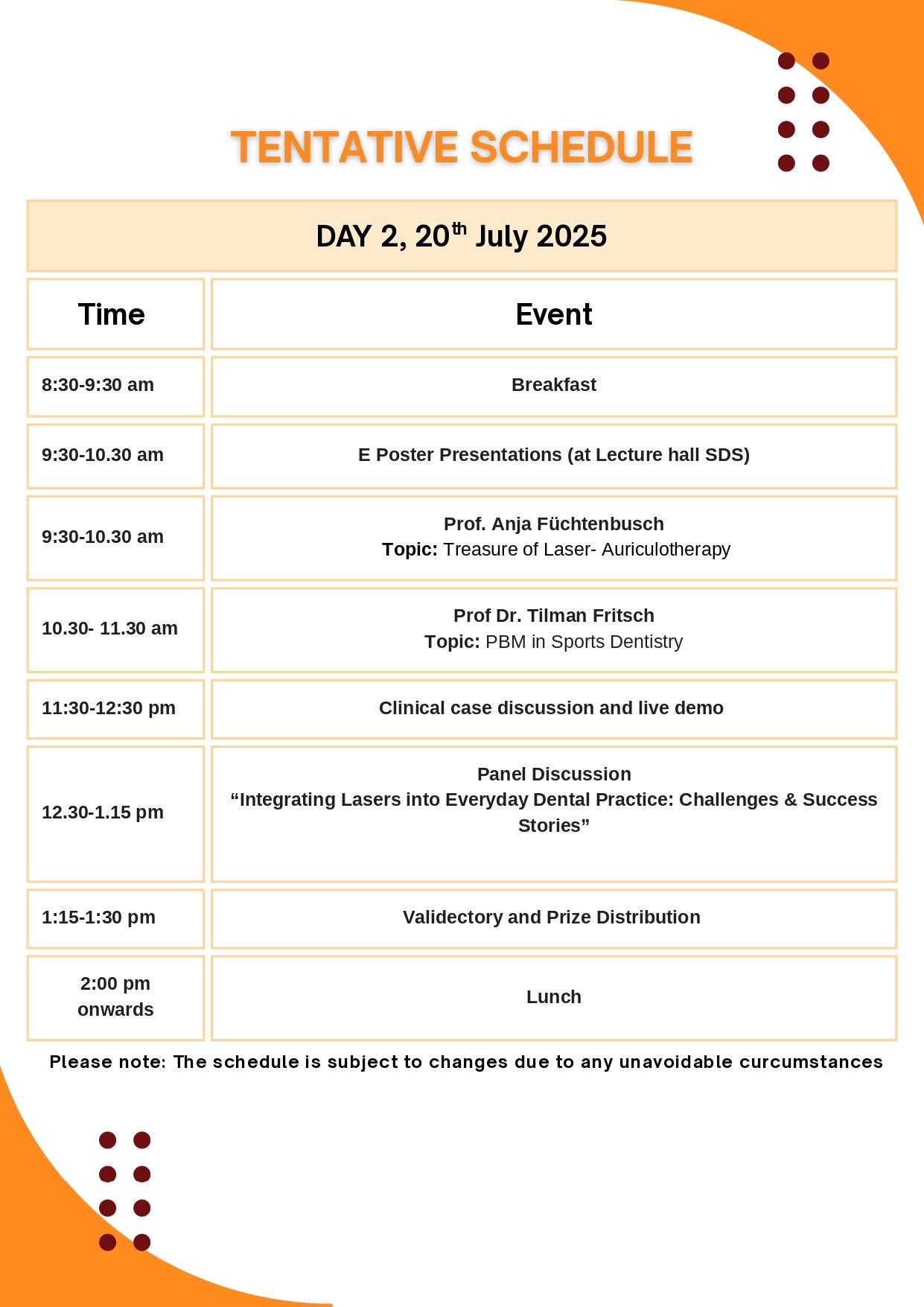 Schedule 20th July 2025