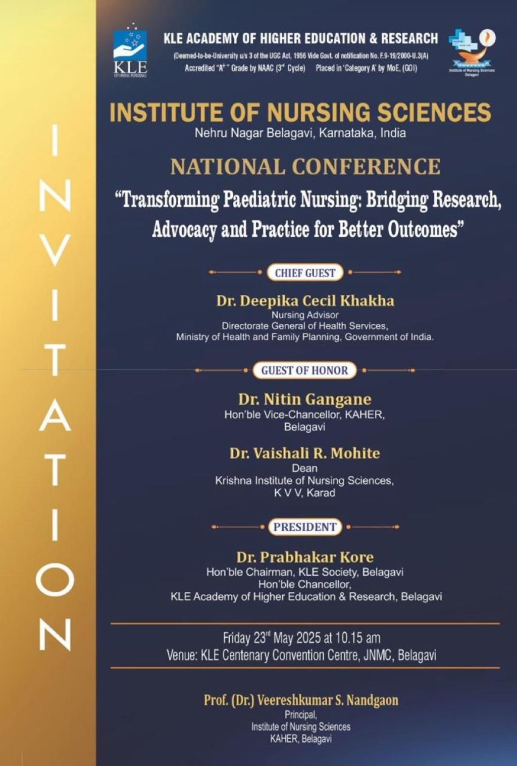 Invitation Guest of Honor  National Conf. KLE, Belgavi 23.05.2025