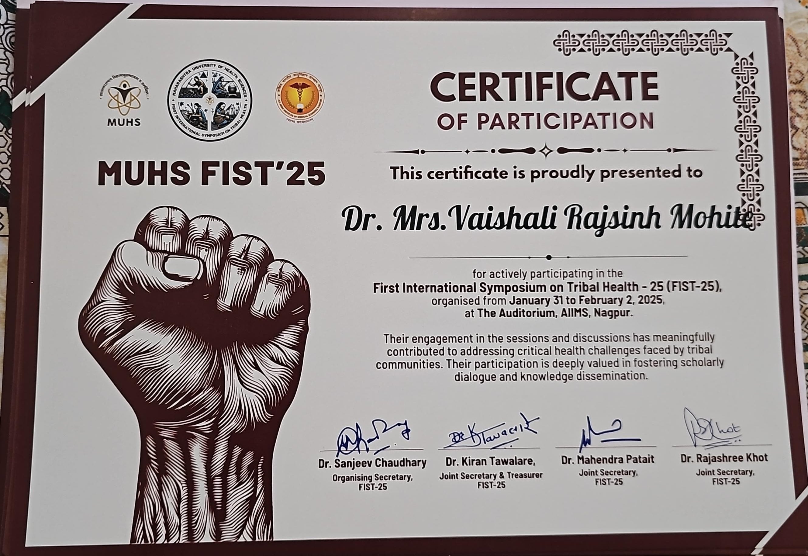 MUHS Fist Certificate  Jan-Feb 2025